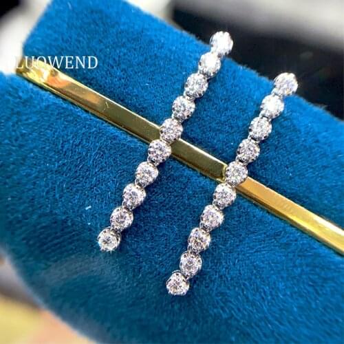 LUOWEND 100% 18K Solid White Gold Au750 Women Long Earrings Real Natural Diamond Earring Fashion Long strip Design Luxury