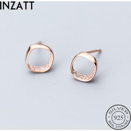INZATT OL Style Simple Sqare Real 925 Sterling Silver Stud Earrings Chic Bright Crystal Women Fine Jewelry Accessories For Gift