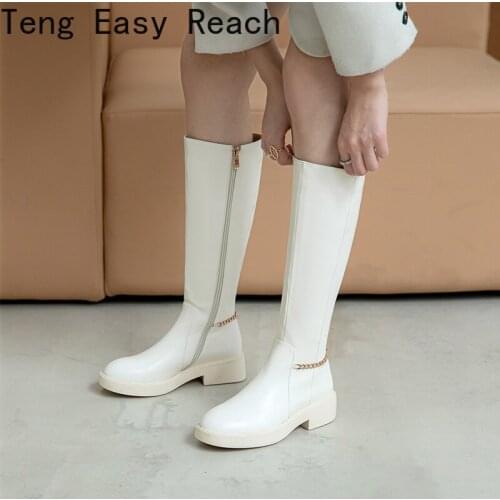 New Womens Long Boots Women Autumn Round Toe Flat Bottes Woman Knee High Low Heel Casual PU Leather Autunm Winter Female Shoes