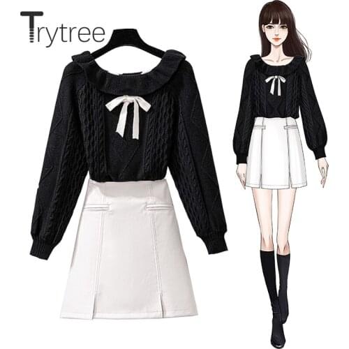 Trytree 2021 Spring Autumn Two Piece Women Sets Bow Ruffles Collar Sweater + Zip Pockets PU Mini Shorts Skirt Sweet 2 Piece Set