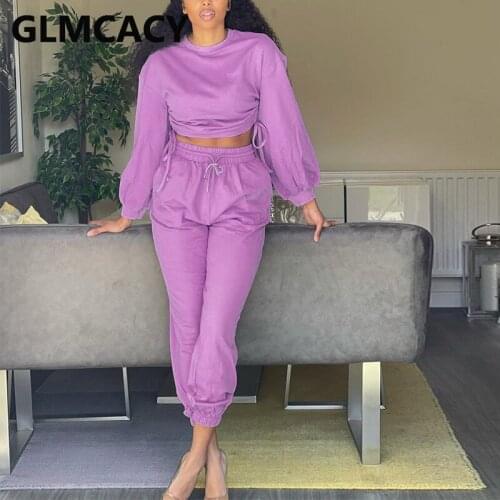 Women Two Piece Casual Tracksuit Long Sleeve O Neck Crop Top & Solid Jogger Pants Set