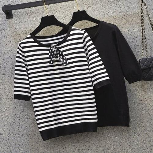 L-4XL plus size women Summer thin kintted pullover 2021 short sleeve o neck bow Stripe Oversized sweater female t-shirt top