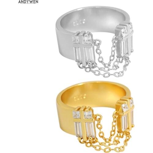ANDYWEN 925 Sterling Silver 2021 Large Zircon Chain Resizable Rings Women Fashion Luxury Fashion Crystal CZ Party Round Jewels