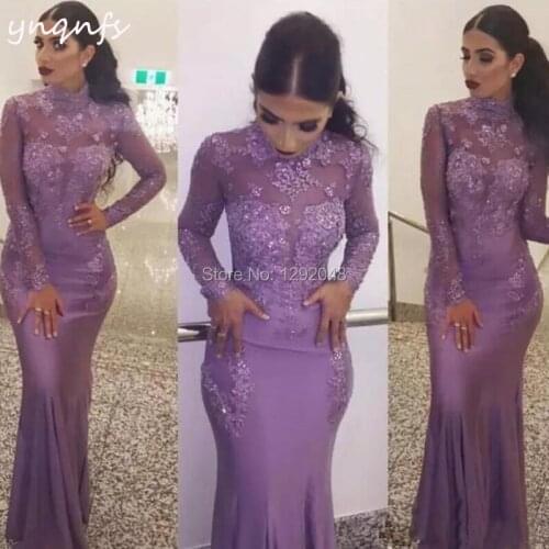 YNQNFS ED243 High Neck Long Sleeve Lace Appliques Jewel Beaded Lilac Vestidos Elegant Mermaid Women Dresses Evening Party 2019