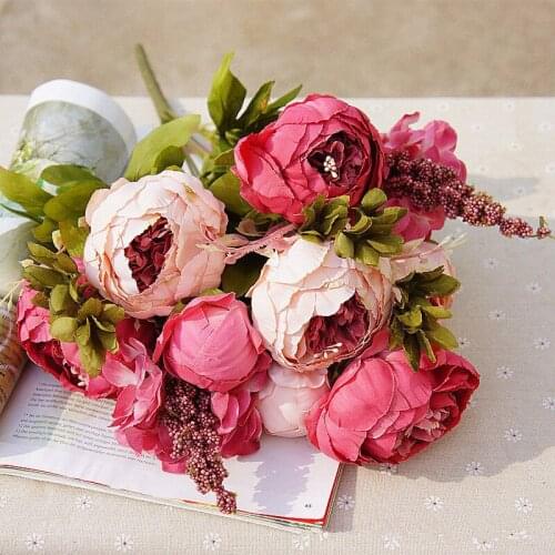 1Bunch European Artificial Peony Artificial Flowers Silk Fake Tea Rose Floral Camellia for Wedding Party Home Plain Life