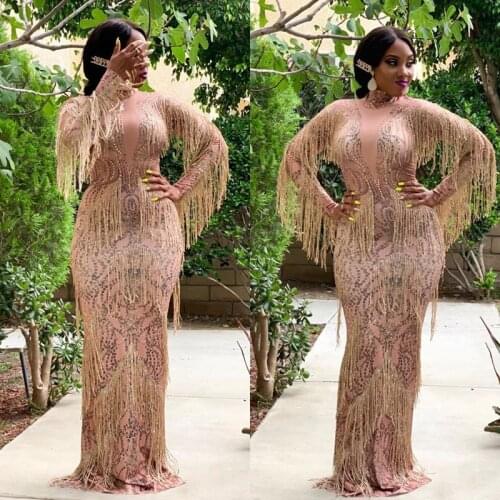 2021 Fashion Shining Gold Rhinestones Fringes Dress Stage Wear Big Stretch Dress Singer Evening Tassel Long Dress