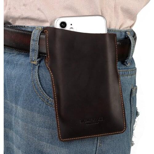2021 New Mens Portable Mens Belt Mobile Phone Crazy Horse Leather Waist Bag Genuine Leather Mens Belt Ultra-thin Vintage Bag
