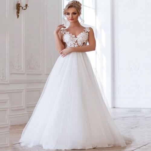 2021 V-Neck See Through Appliques Lace Sleeveless Backless A-Line Tulle Wedding Dress Bridal Gowns robes de mariées