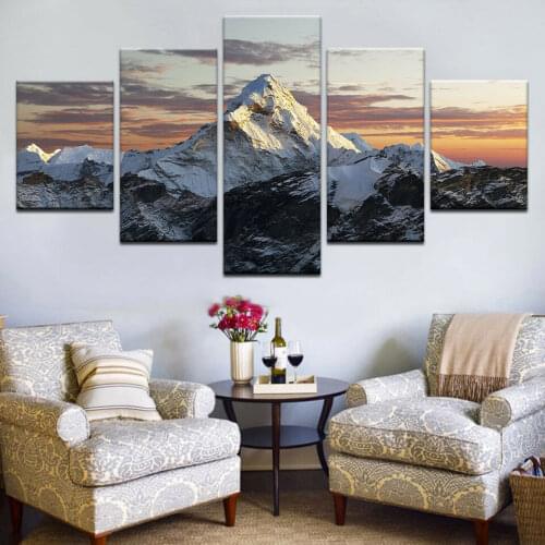 No Framed Snow Mountain Peak Sunset 5 Pcs Canvas Picture Print Wall Art Canvas Painting Wall Decor for Living Room