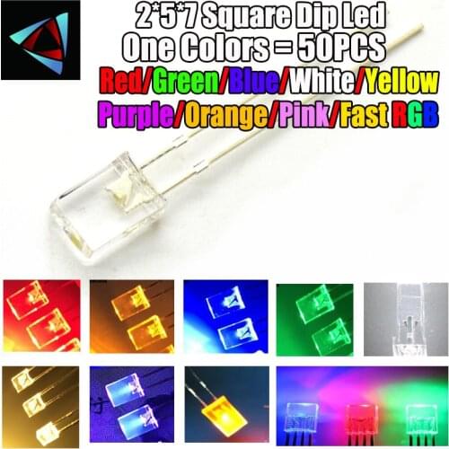 50pcs Red light-emitting diodes Red white blue green yellow purple warm 2*5*7 Square led