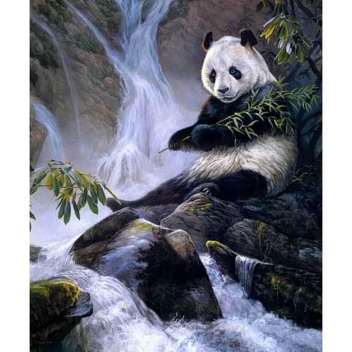 Free shipping animal panda bamboo waterfall landscape oil painting canvas prints printed on canvas wall art decoration picture