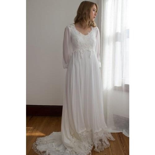 Boho Chiffon Appliques Wedding Dresses for Bride 2021 Long Puffy Sleeves V Neck Bridal Gowns vestido de noiva