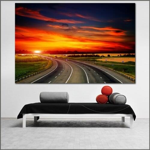 Large size Printing Oil Painting highway sunset landscape wall art canvas print pictures for living room and bedroom No Frames