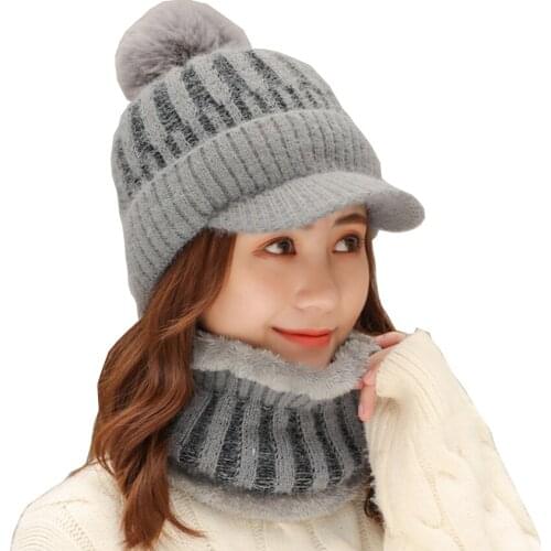 Brand New Set Female Thick Velvet Hair Ball Warm Bonnet CapsWith Bib Women Winter Hats Mixed color knit Beanie Skullies Hat