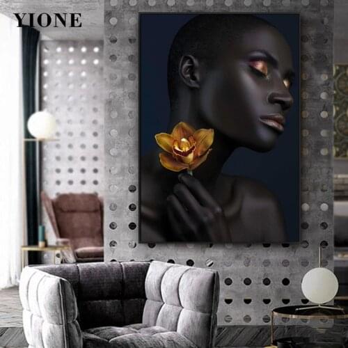 Black Woman with Gold Flower Canvas Painting Custom Africa Art Poster and Prints Modern Luxury Wall Pictures for Girl Room Decor