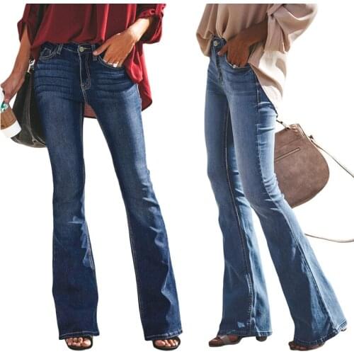 Black Ripped Jeans Women Flare Jeans Slim Bell Bottom Denim Pants High Waist Vintage Hole Wide Leg Jeans