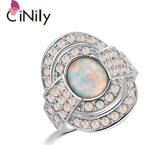 CiNily Blue & Pink & White Fire Opal Filled Finger Rings With Round Stone Silver Plated Luxury Large Cocktail Jewelry Gift Woman