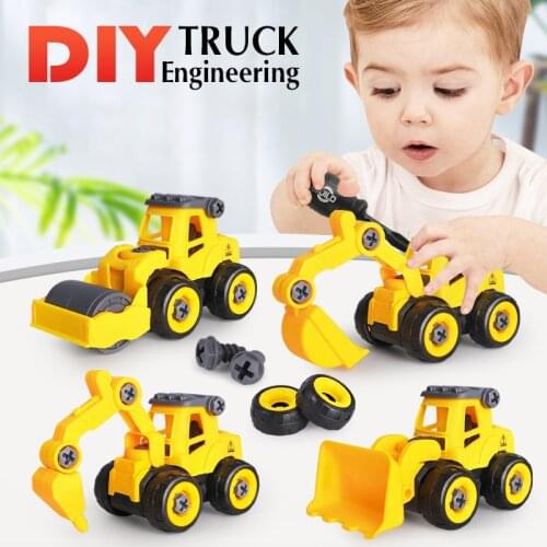 Diy 4 Piece Childrens Truck Excavator Separate Screw Toys Childrens Education Assembly Project Car Toys Vehicle Tools for Kid