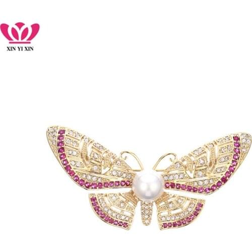 Statement Colorful Butterfly Brooch for Women Pearl Gold Red Crystal Cute Animal Pin Dress Gown Fashion Corsage Christmas Gift