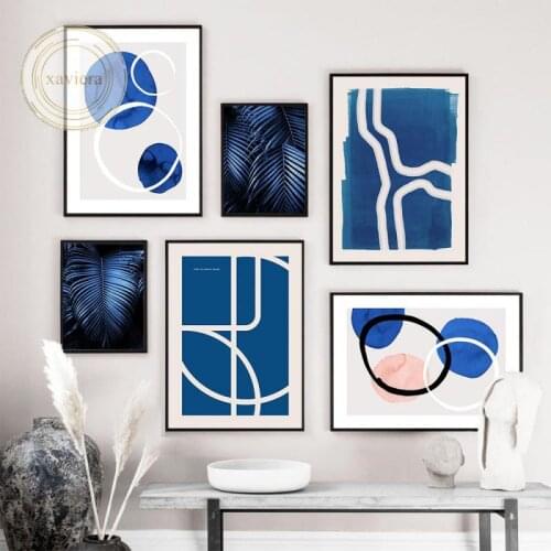 Nordic Geometric Line Art Posters and Prints Abstract Blue Plant Leaves Canvas Painting Modern Pictures Living Room for Decor
