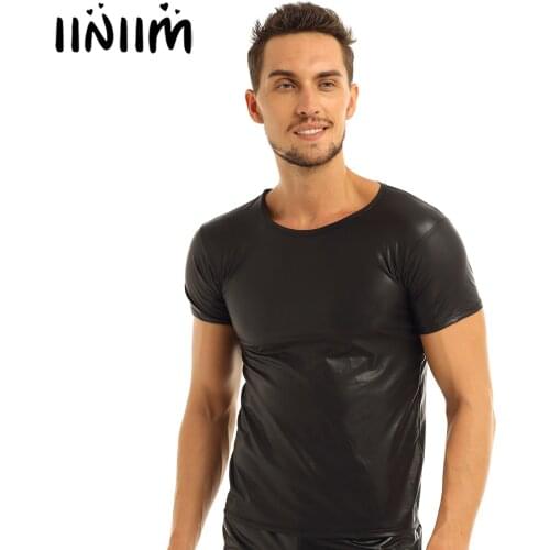 Iiniim Sexy Mens Black Sexy Clubwear Costumes Wetlook Tops for Male Stage Cltohing Faux Leather Short Sleeve T-Shirt Undershirt