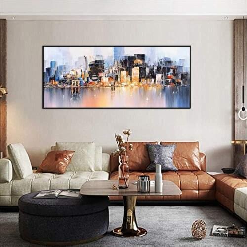 Handmade Oil Painting For Living Room Abstract Modern Wall Art Canvas Pictures City Build Large Interior Decoration Paintings