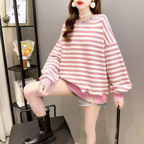 Korean Fashion Striped Pullover Hoodies Woman O-Neck Long Sleeve Top Loose Oversized Womens Sweatshirt Kawaii Clothes All Match