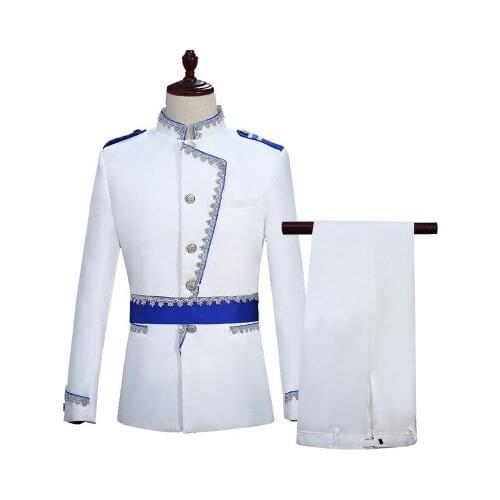 Hot Europe Army Style Stand Collar White Blue Wedding For Men DJ Stage Singer Men Suits With Pants Costume Homme Slim Fit