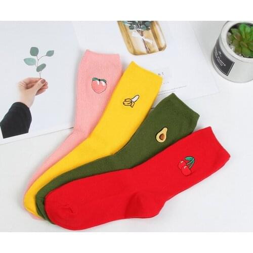 Colorful Cartoon Cute Fruit Print Banana Avocado Cherry Peach Socks Comfortable Cotton Socks Couple Combed Socks Gril Women Sox