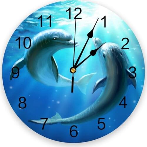 Lovers Dolphin Underwater Sea Round Wall Clock for Home Decor Living Room No Ticking Sound Modern Creative Wall Clocks