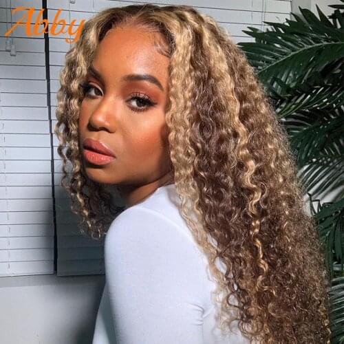 Curly 4/27 Highlight Wigs Human Hair Lace Frontal Wigs For Women Ombre Colored Highlight 4x4 Lace Closure Wigs Kinky Curly Wigs