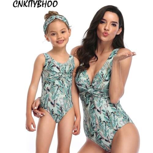 Leaf V-Neck Bow One Piece Swimsuit For Mom Daughter Beach Bikini Mother And Daughter Swimwear Family Look