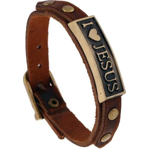 Fashion I Love Jesus Cuff Bracelet Alloy Charm Genuine Leather Brown Chain Vintage Retro Bangle Wristbands Casual Unisex Jewelry
