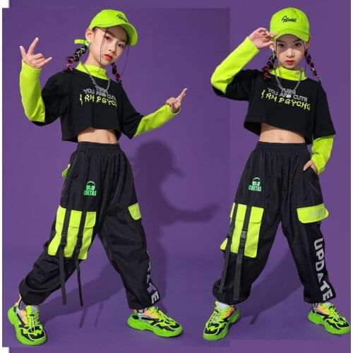 Hip Hop Clothing Girls Green Long Sleeves Black Tops Hip Hop Pants Ballroom Dance Clothes Kids Street Dance Stage Costume