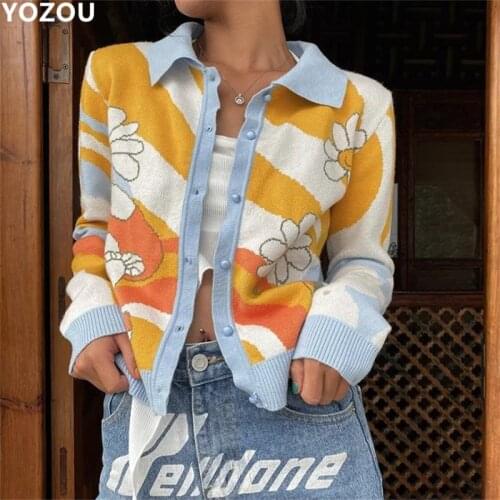 Fall Cardigan For Women Floral Cartoon Print Casual Single Breasted Turn-Down Collar Cottagecore Sweater Kawaii Knitted Tops
