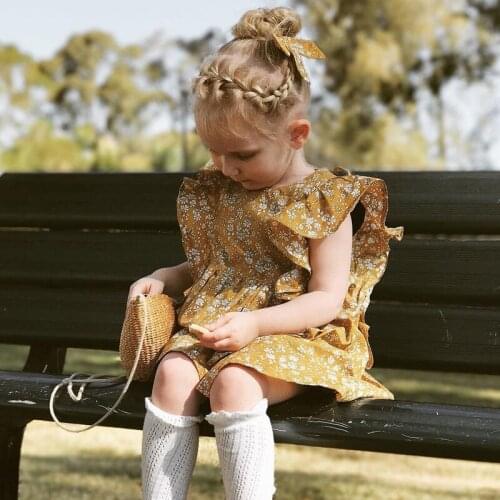 Retro Girls Floral Dress Summer New Style Childrens Ruffled Flying Sleeve Printed Dresses Kids Clothes WT690