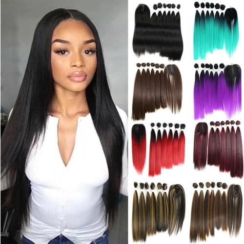 Synthetic Hair Bundles With Closure Black Purple Red Color SOKU 14-18inch Yaki Straight Hair Weaving 6 Bundles With Lace Closure