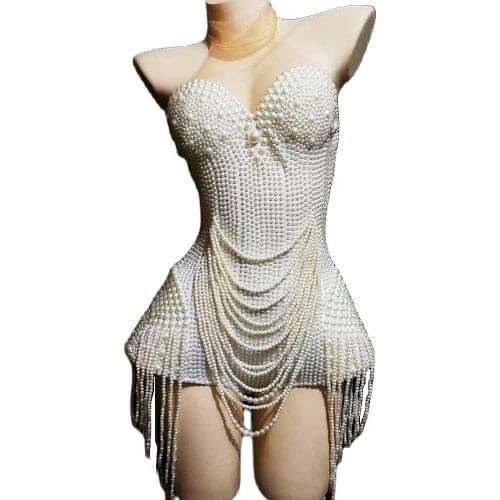Luxury White Pearls Women Bodysuits Beaded Tassel Mesh Perspective Jumpsuits Nightclub Bar Prom Party Outfit Wedding Costumes