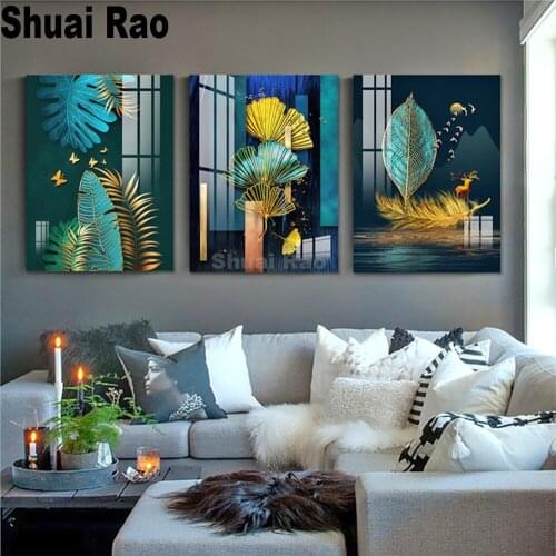 Full square round diamond painting Green and Gold Leaves diamond embroidery 5D rhinestone mosaic inlaid pattern living decor