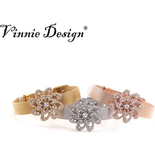 Vinnie Design Jewelry Stainless Steel Mesh Bracelet Set with Big Size Crystal Snowflake Slide Charms