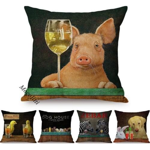 Funny Animal Piggy Zebra Dog Tasting Wine Happy Time Pattern Pillow Case Cute Chick Home Bar Sofa Decorative Linen Cushion Cover