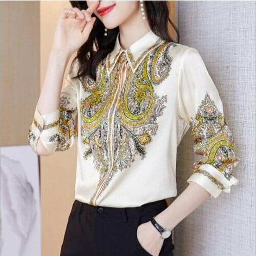 Womens Blouse 2021Spring Long Sleeve Loose Vintage Smooth Silk Blouses Elegant Woman Printing OL Office Shirt Oversize Top moda