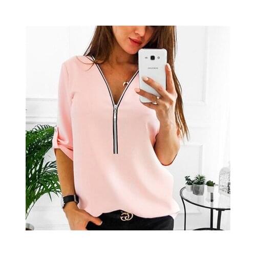 Womens blouse simpple casual cotton half sleeve zipper sexy v collar female tops loose Tee shirts womens clothing plus size