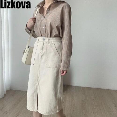 2020 Spring White Denim Skirt Women High Waist Midi Skirt Front Slit Elegant Ladies Formal Skirt KT6207