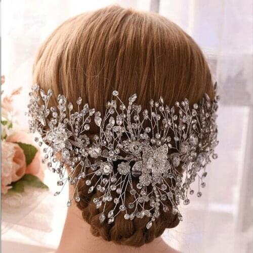 Floralbride Luxury Handmade Alloy Clear Crystal Rhinestones Flower Leaf Bridal Headband Wedding Hair Accessories Women Jewelry