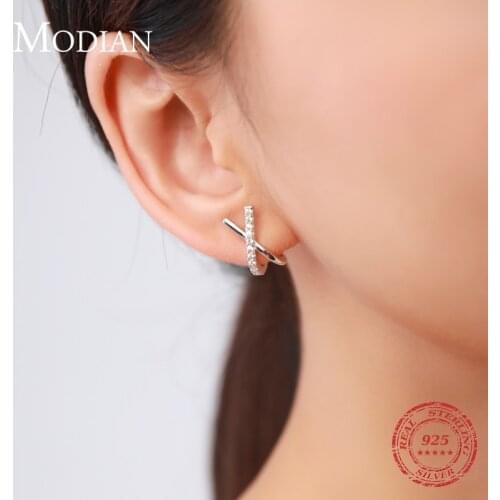 Modian 2021 New Design X Shape Fashion Earring 925 Sterling Silver Luxury Sparkling Stud Earrings For Women Girls Jewelry Arete