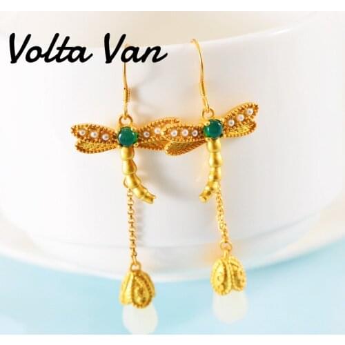 Volta Van Women Drop Earrings 925 Sterling Silver Pendientes Plata Vintage Jade Dragonfly Fine Jewelry 2021 New Elegant Earrings