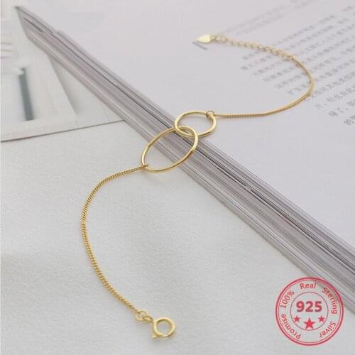 Factory Price 100% 925 Silver for Female Fashion Concise Delicate Gold Double Circle Charm Bracelet Fine Jewelry