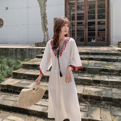 Cheshanf Floral Embroidered Ethnic Dress Cotton Linen Lantern Long Sleeve Maxi Dress White Loose Long Dress Women