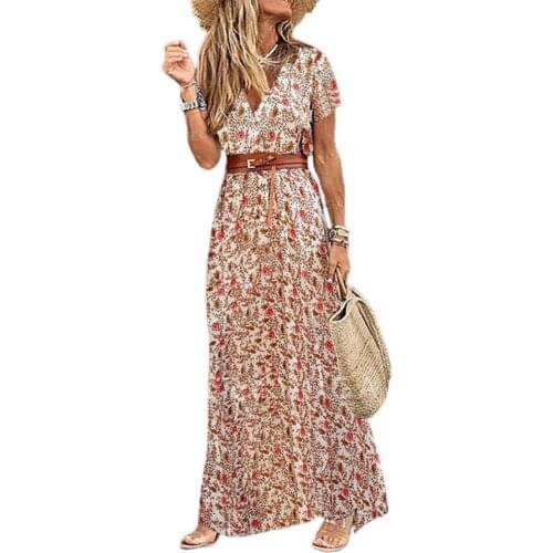 Boho Women Summer Dress V Neck Short Sleeve Paisley Print Large Hem Short Sleeve Split Hem Maxi Dress with Belt vetement femme